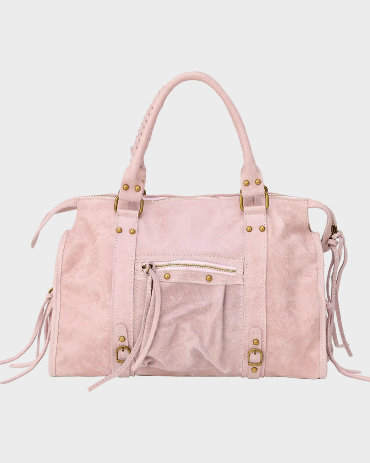 Pink studded top handle bag with tassel details and front zip pocket