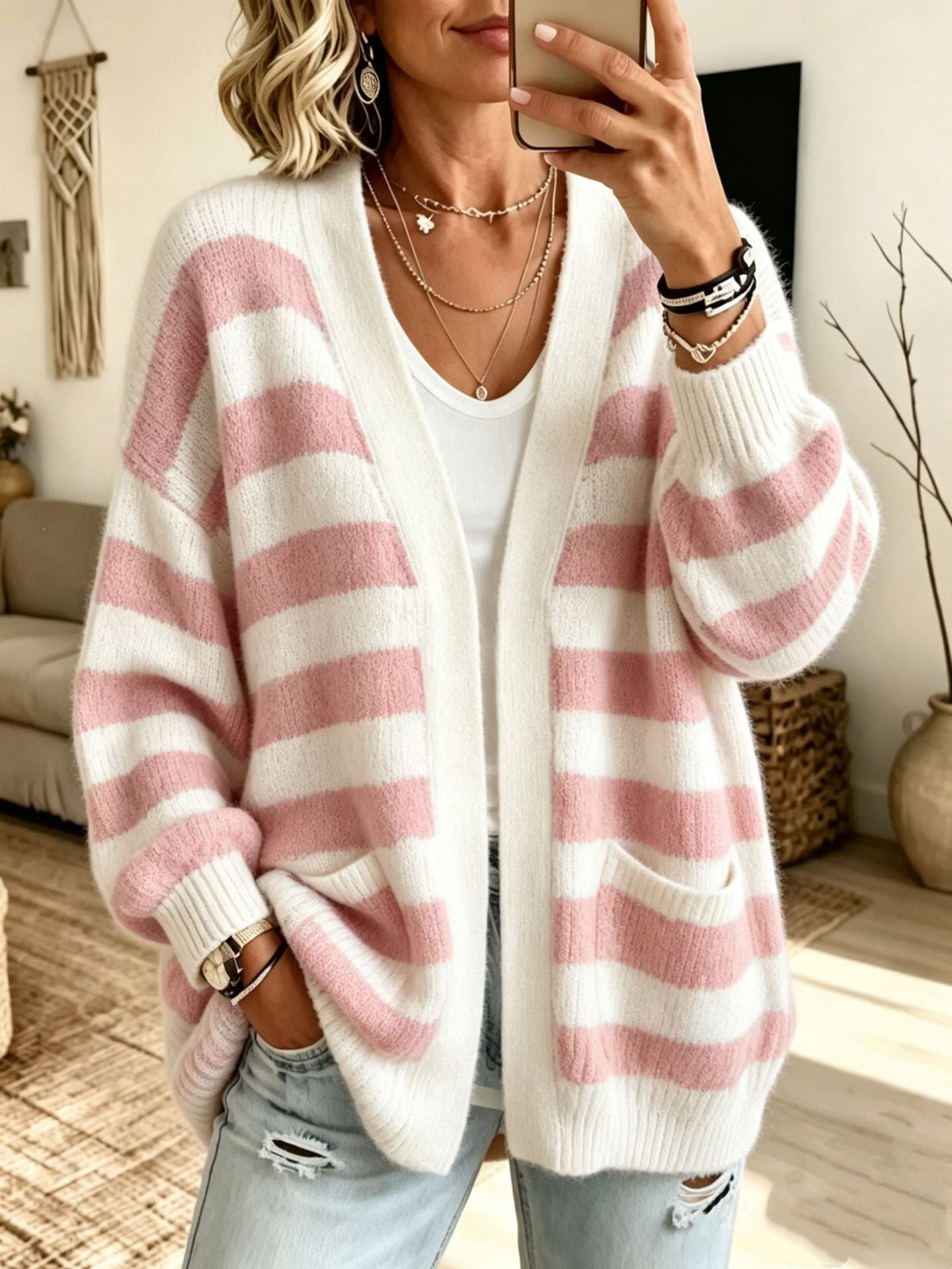 Women's Striped Oversized Open-Front Knit Cardigan