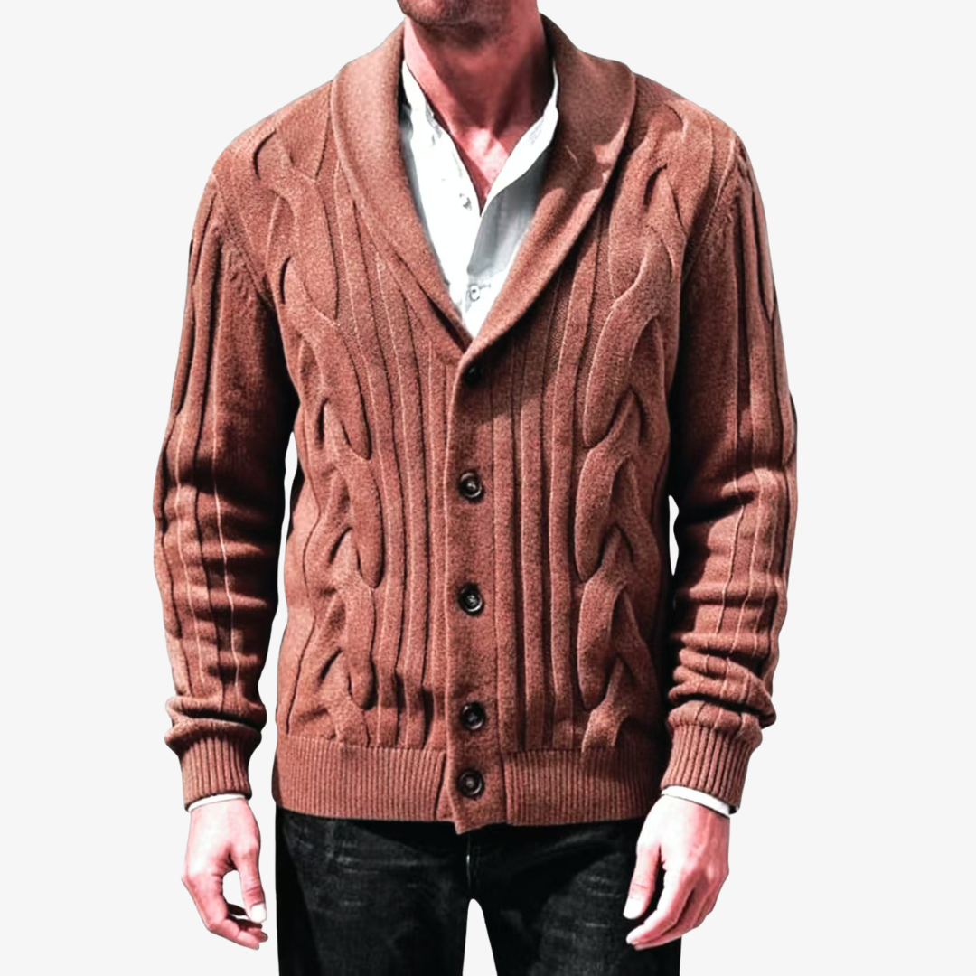 Men's cable knit cardigan with shawl collar, long sleeves and button front