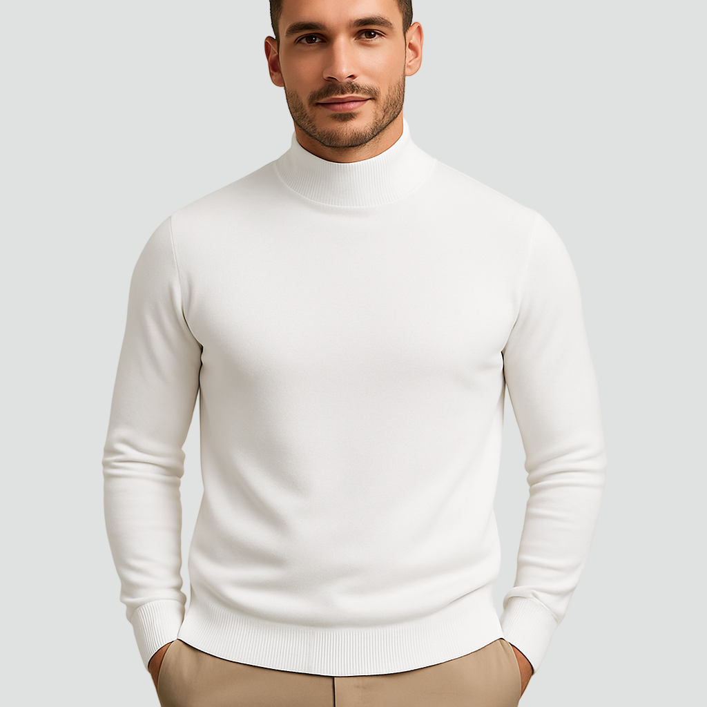 Men's plain mock turtleneck knit sweater with long sleeves and ribbed trim