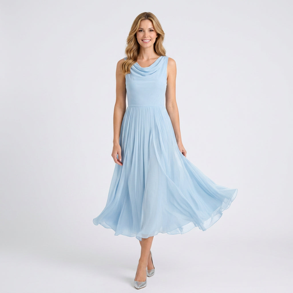 Pleated Midi Dress – Sleeveless Cowl Neck Style