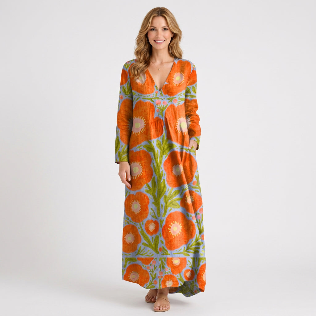 Women’s Printed Midi Dress – V Neck Long Sleeve Tunic Style
