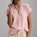 Blouse en lin pour femme à col V et manches à volants