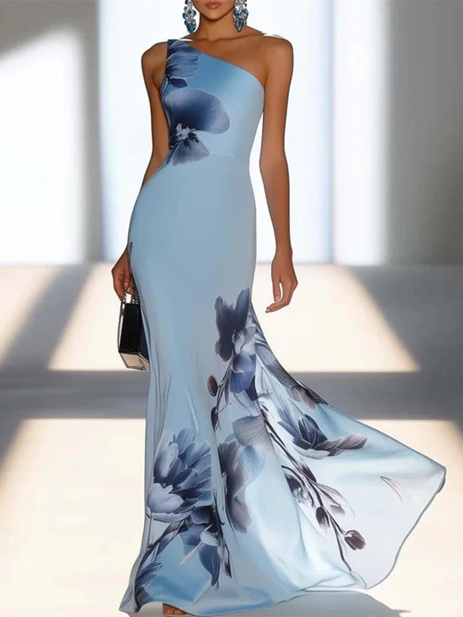 Robe longue sirène fleurie asymétrique pour femme