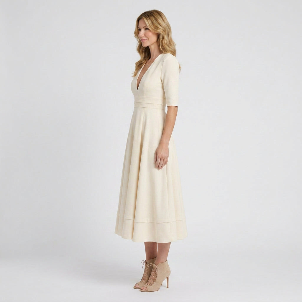 Women’s Midi Dress V Neck Fit and Flare – Short Sleeve Occasion Dress