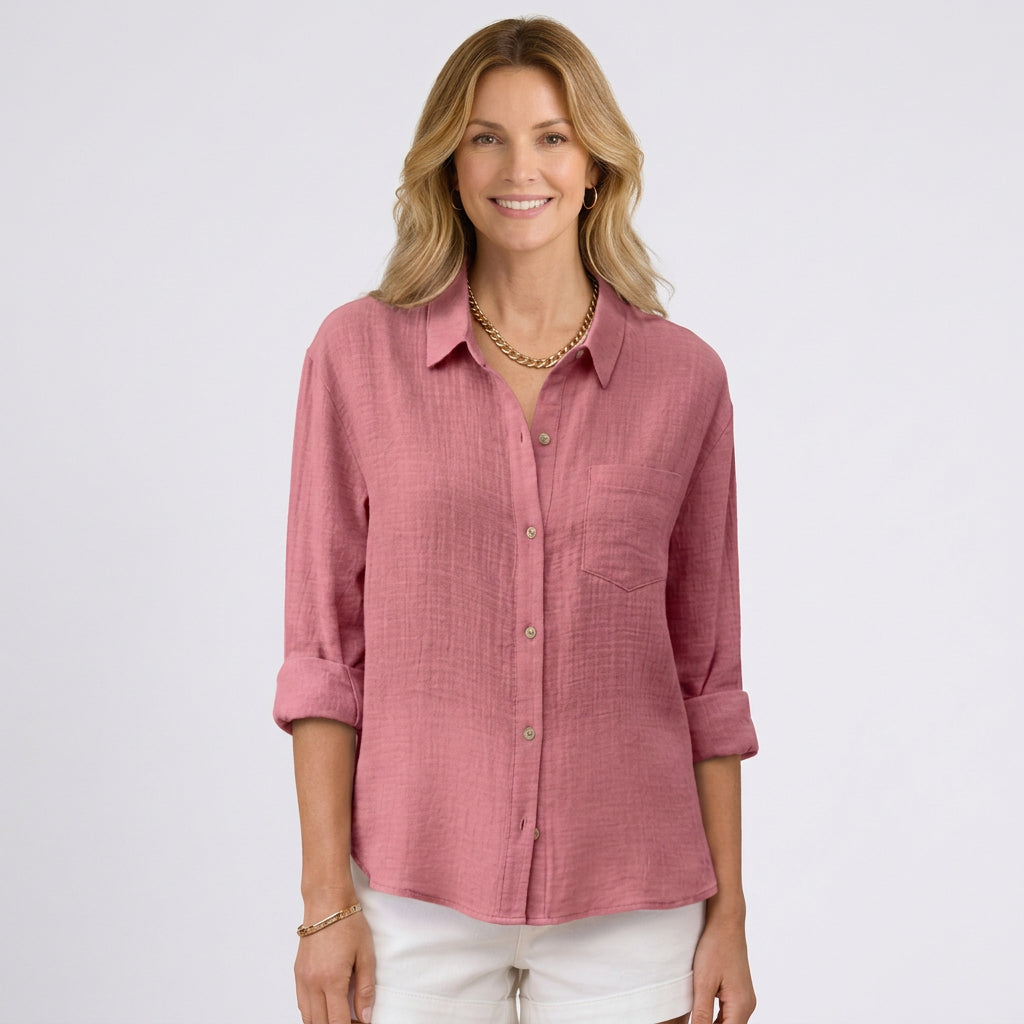 Women’s Relaxed Button Up Shirt – Collared Long Sleeve Pocket Style