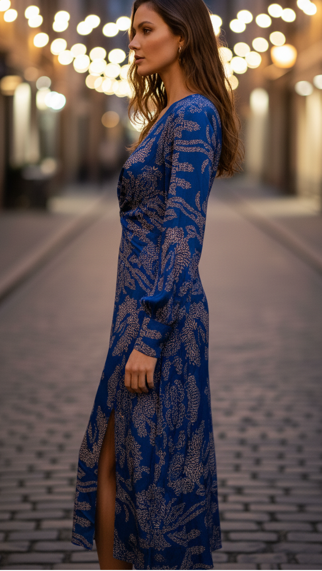 Robe midi imprimée pour femme, à col en V et devant torsadé