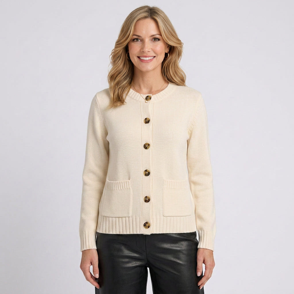 Button Front Cardigan – Round Neck Pocket Detail Style