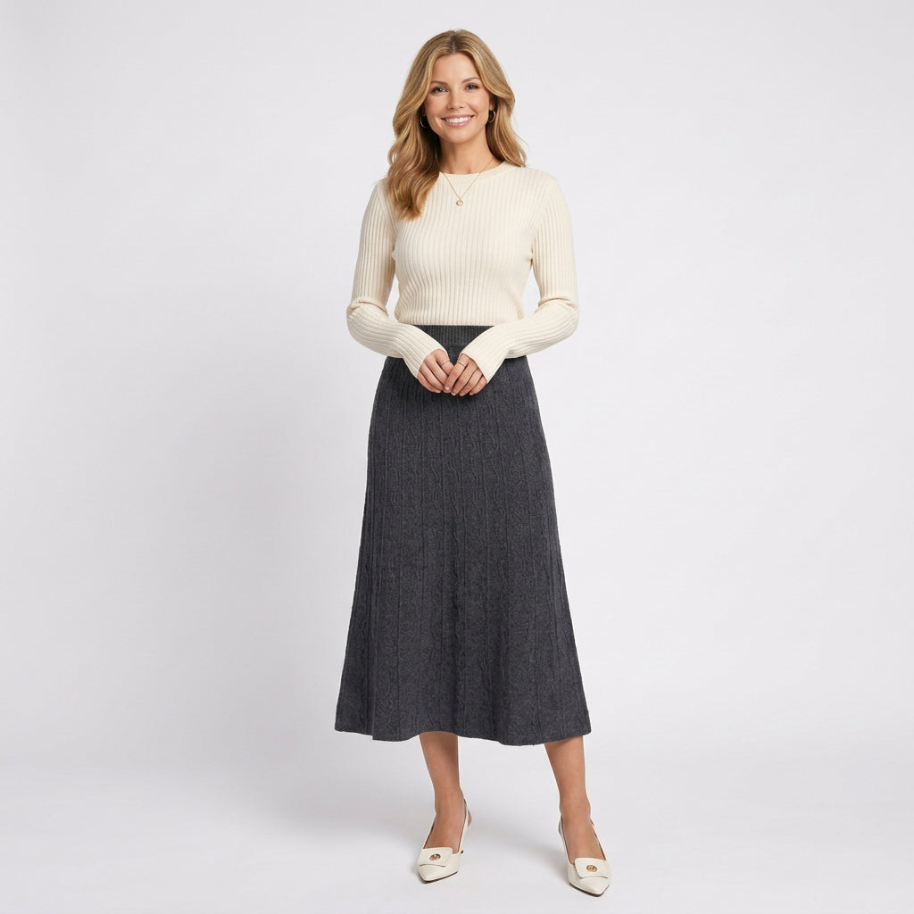Women’s Knit Midi Skirt A Line – Textured Pull On Sweater Skirt