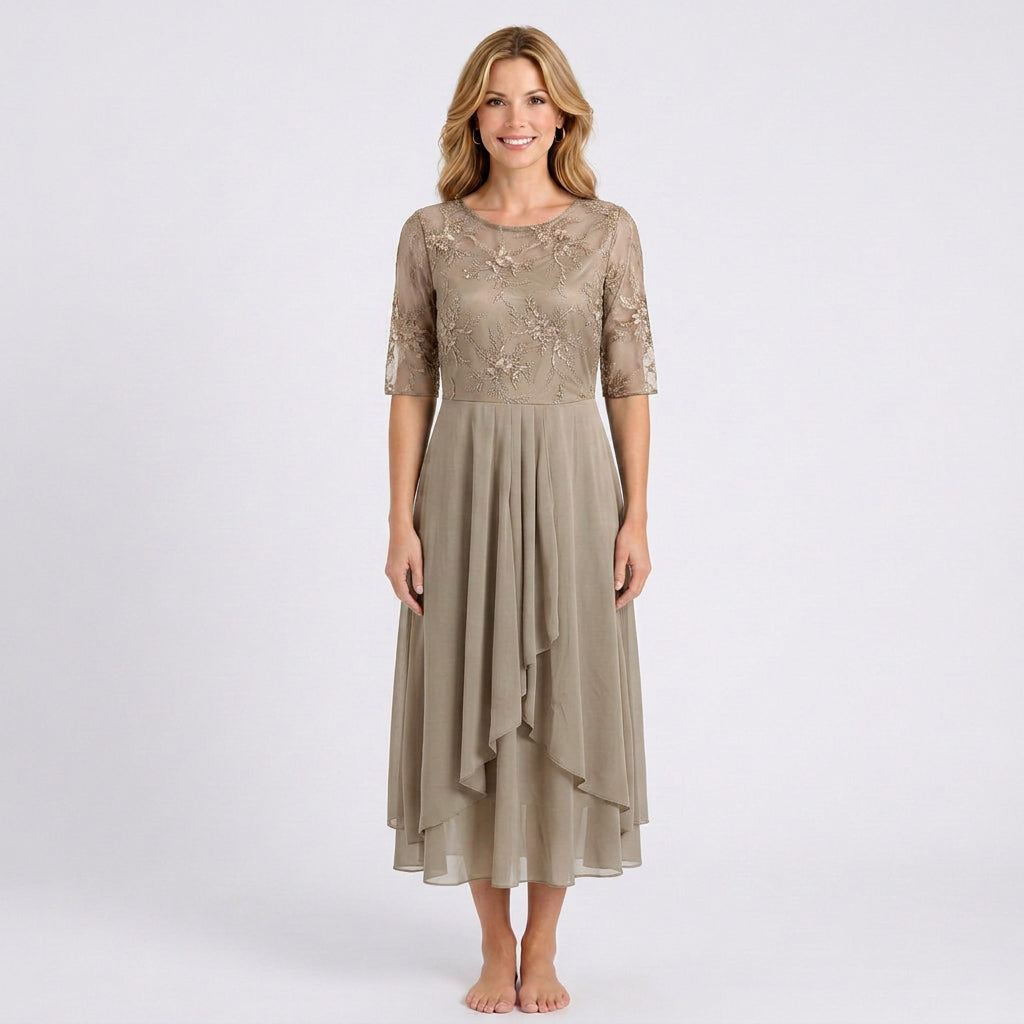 Lace Bodice Midi Dress – Sheer Sleeve Occasion Style