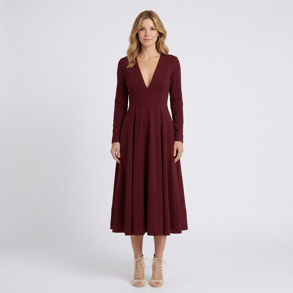 Women’s Midi Dress V Neck Fit and Flare – Short Sleeve Occasion Dress