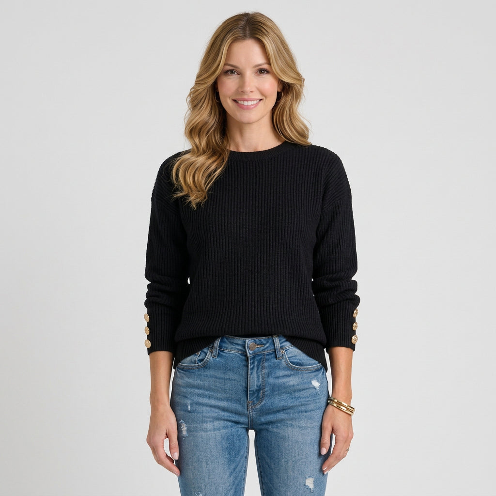 Women’s Ribbed Knit Sweater – Crew Neck Button Cuff Pullover