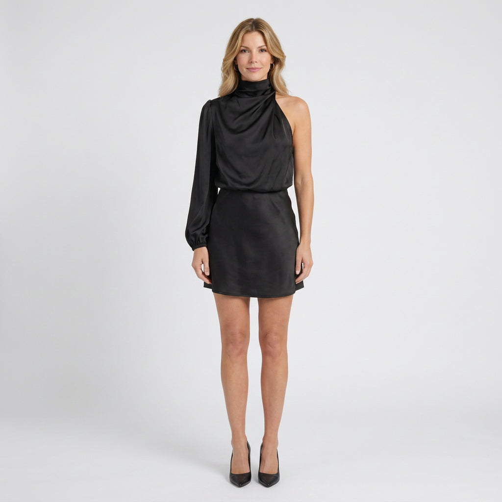 Women’s One Shoulder Mini Dress Satin Finish – Draped Occasion Dress