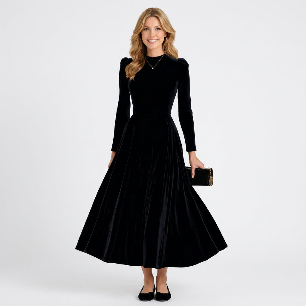 Velvet Midi Dress – High Neck Long Sleeve Occasion Style